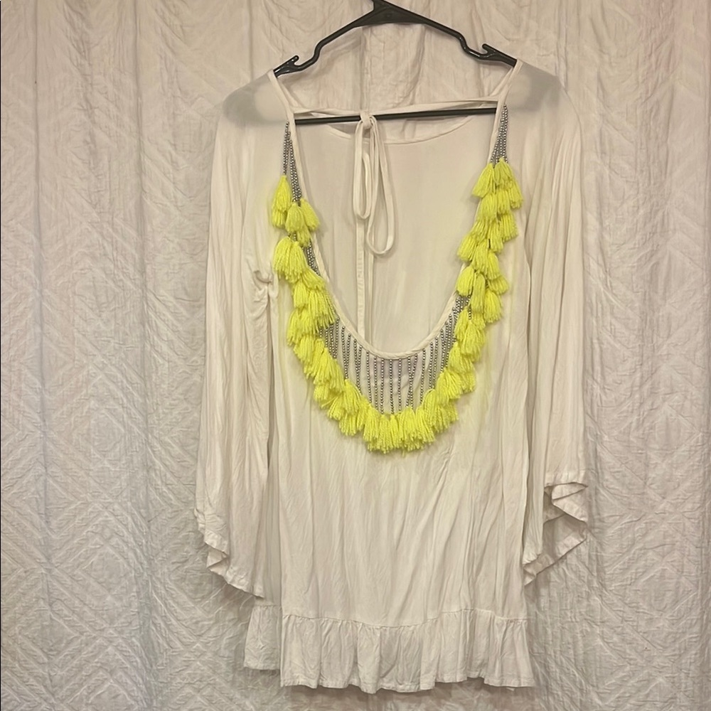 Sundress White Tunic with Neon Fringe
